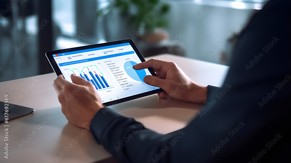 Businessman hand holding tablet with infographic chart on screen created with Generative AI